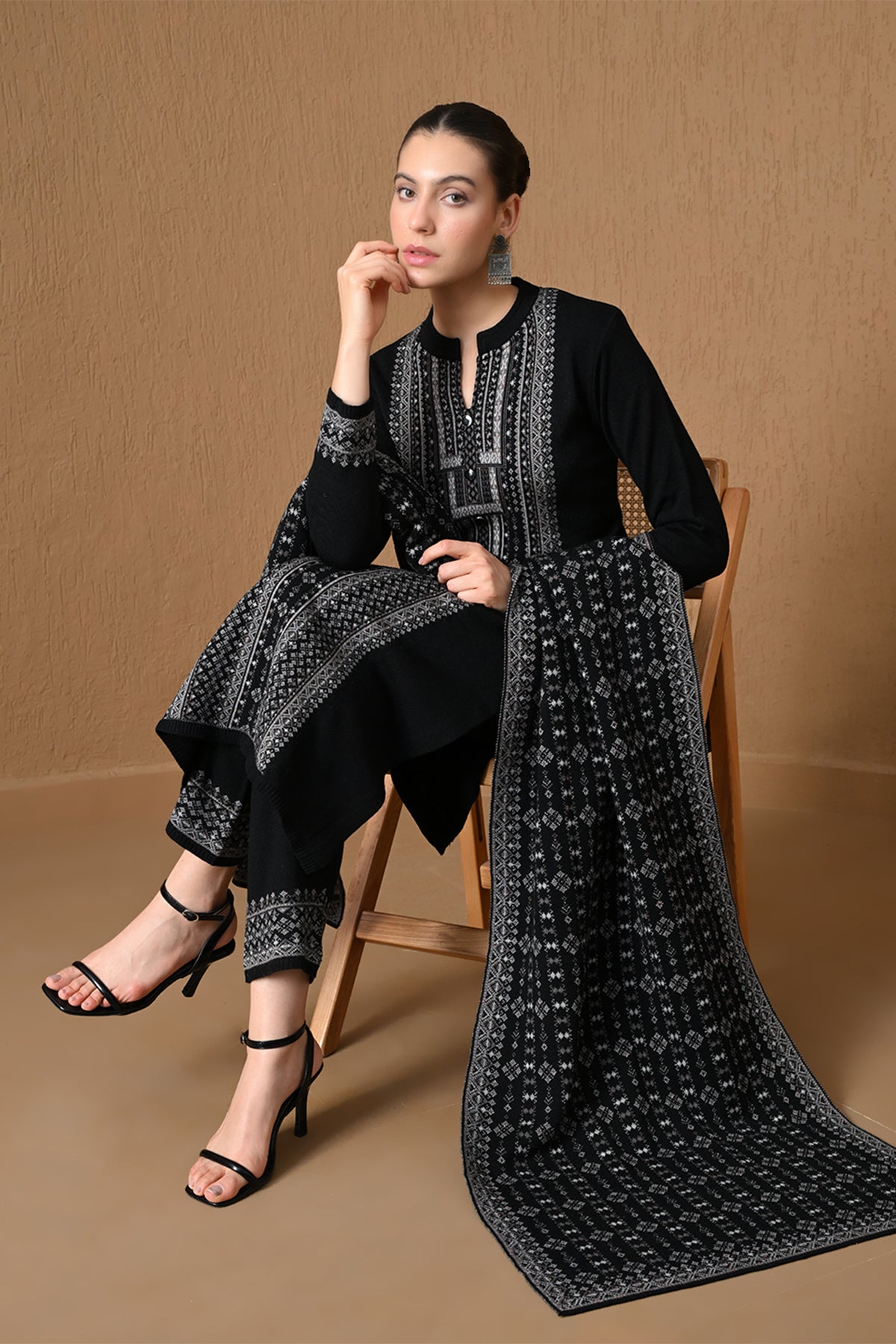 Winter Black Jacquard Knitted Kurta 3 Pcs Set
