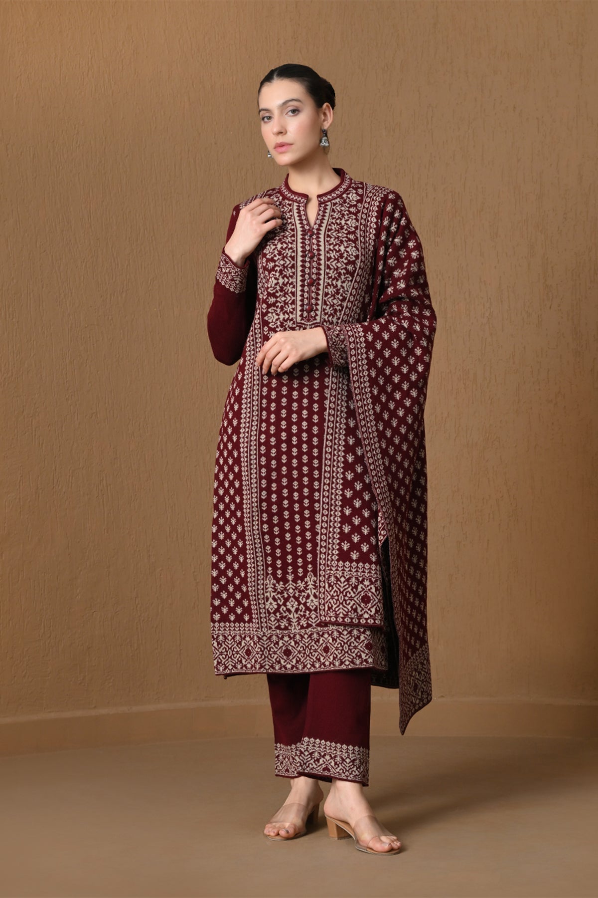 Winter Maroon Jacquard Knitted Kurta 3 Pcs Set