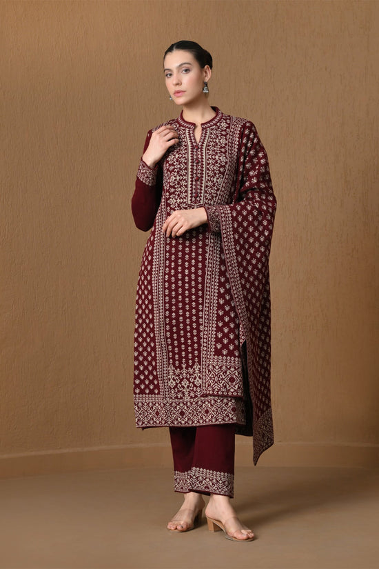 Winter Maroon Jacquard Knitted Kurta 3 Pcs Set
