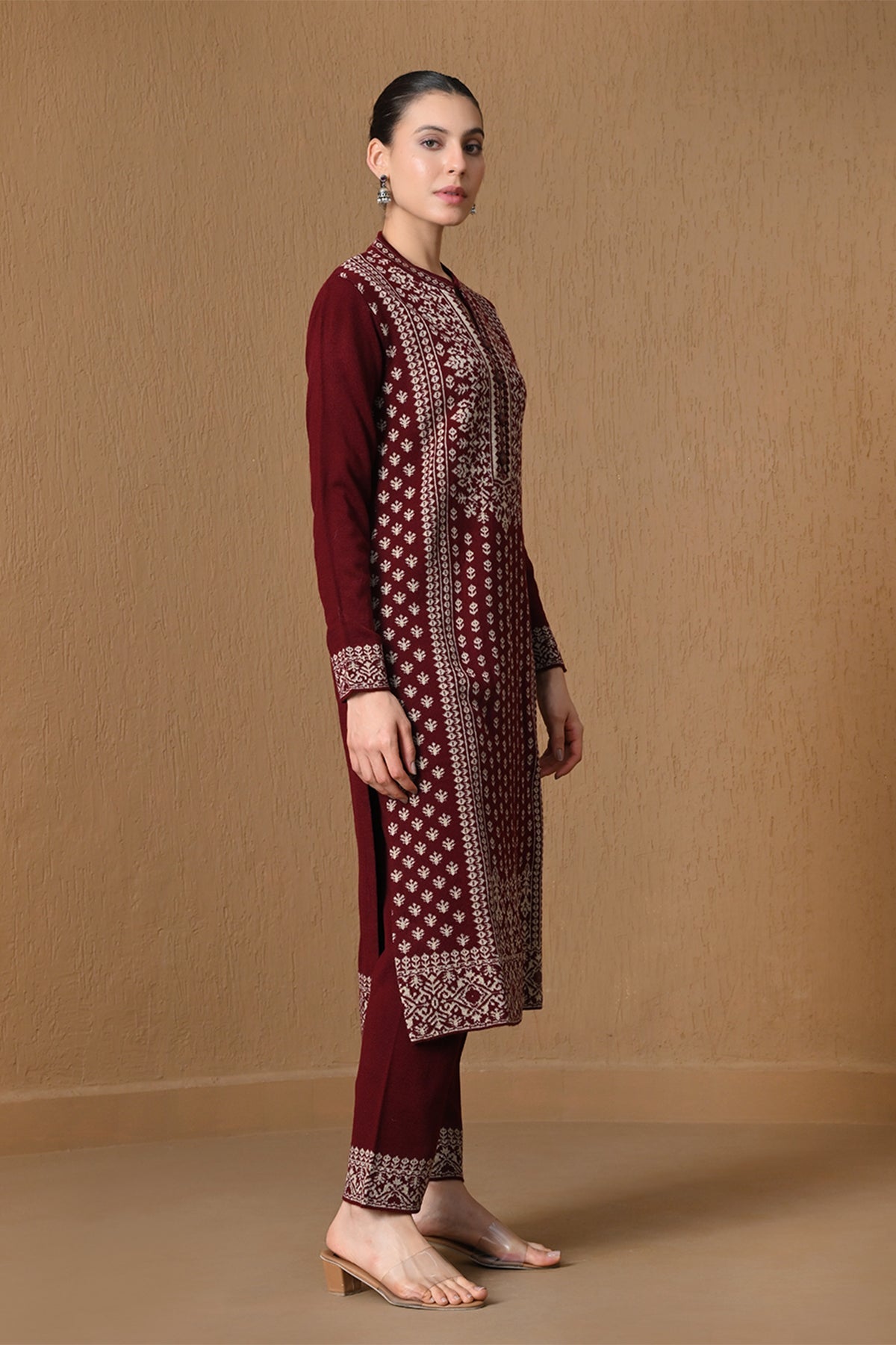 Winter Maroon Jacquard Knitted Kurta 3 Pcs Set