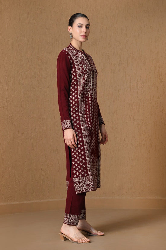 Winter Maroon Jacquard Knitted Kurta 3 Pcs Set