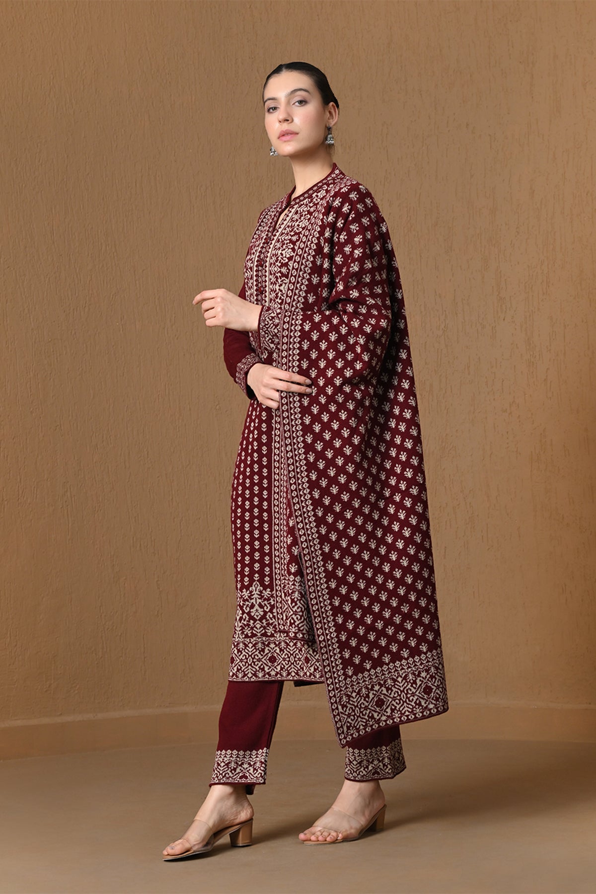 Winter Maroon Jacquard Knitted Kurta 3 Pcs Set