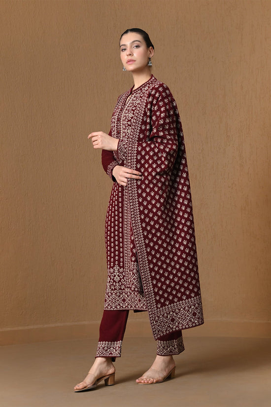 Winter Maroon Jacquard Knitted Kurta 3 Pcs Set