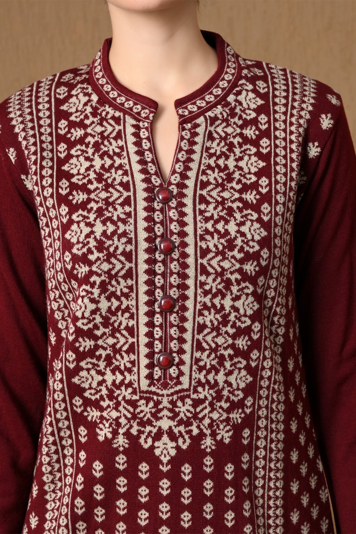 Winter Maroon Jacquard Knitted Kurta 3 Pcs Set