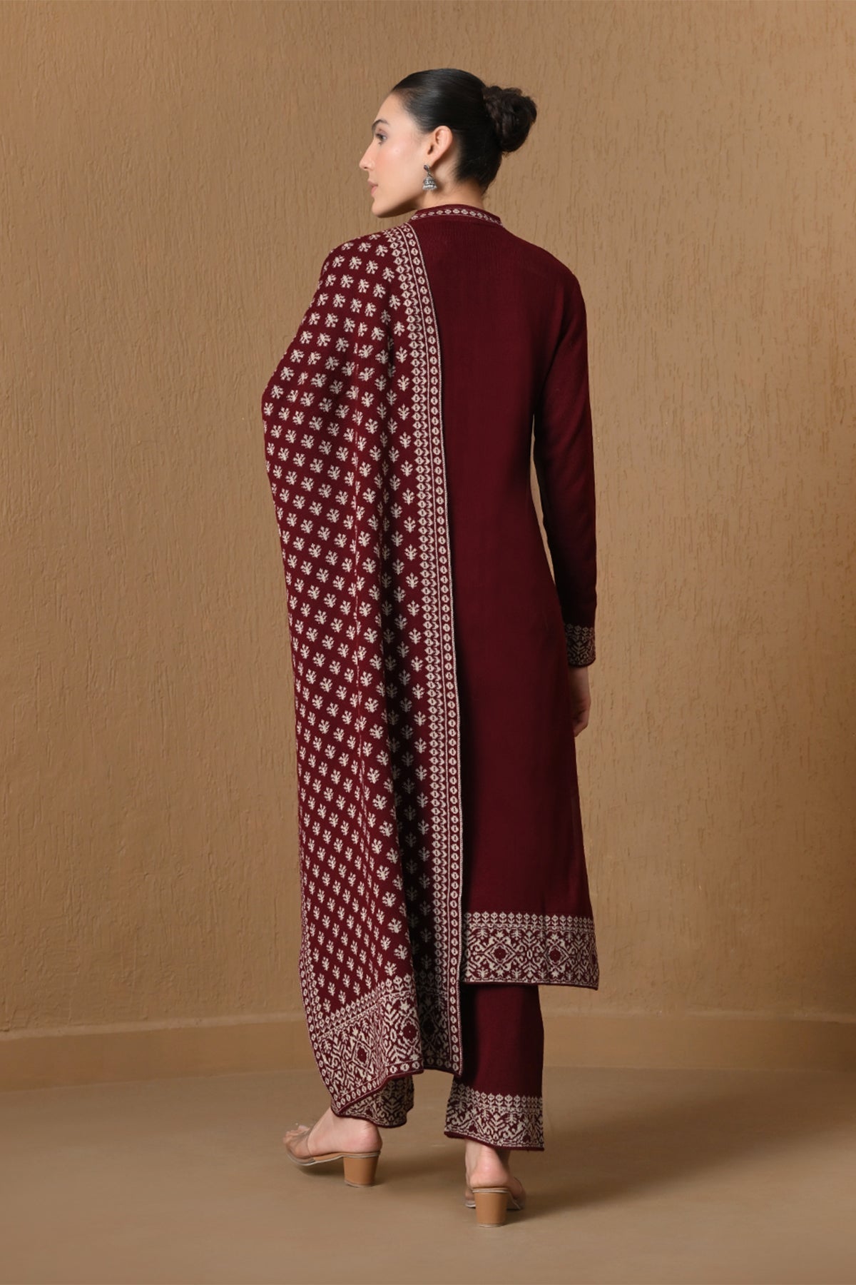 Winter Maroon Jacquard Knitted Kurta 3 Pcs Set