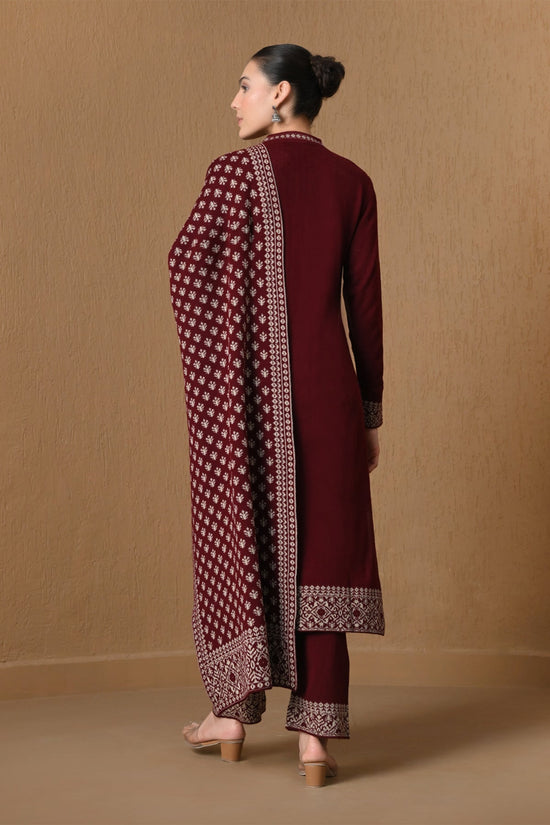 Winter Maroon Jacquard Knitted Kurta 3 Pcs Set