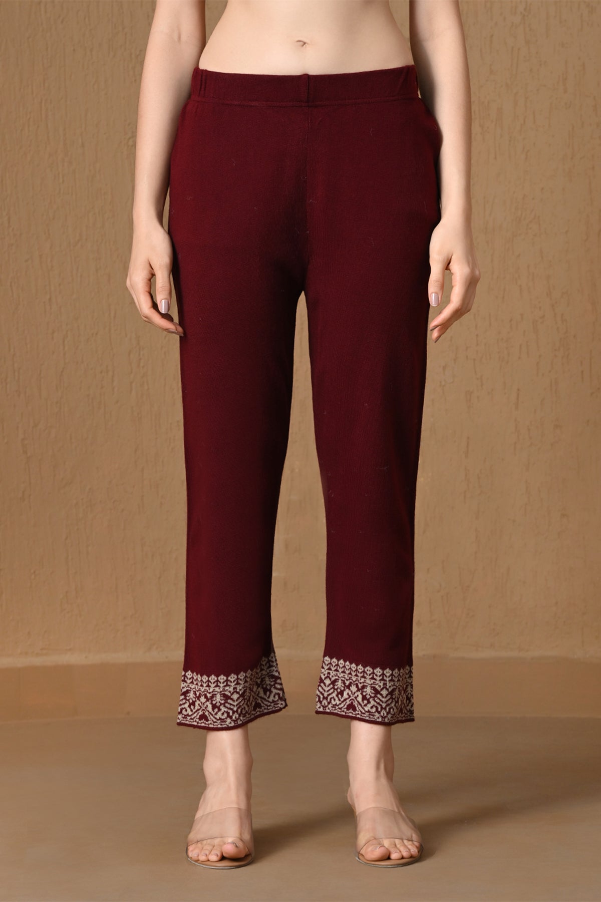 Winter Maroon Jacquard Knitted Kurta 3 Pcs Set