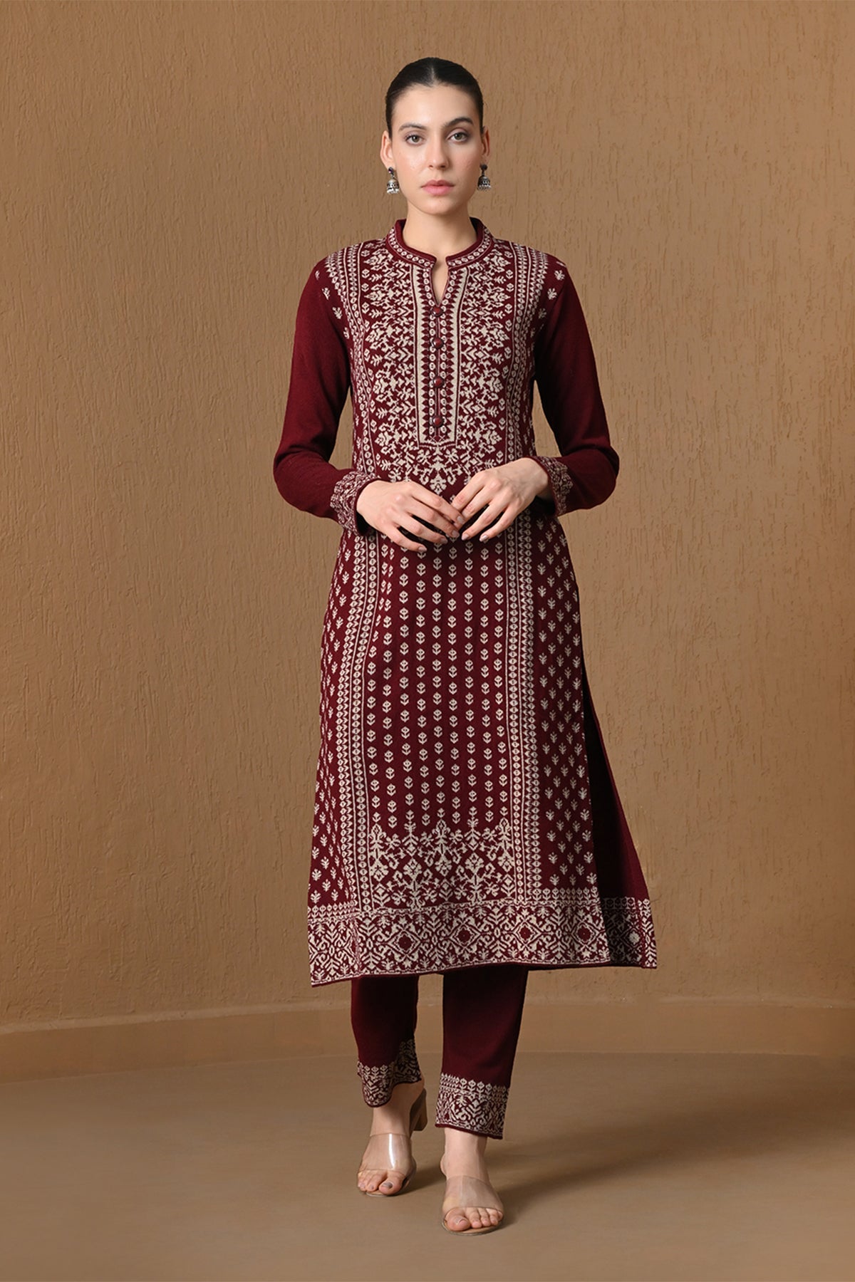 Winter Maroon Jacquard Knitted Kurta 3 Pcs Set