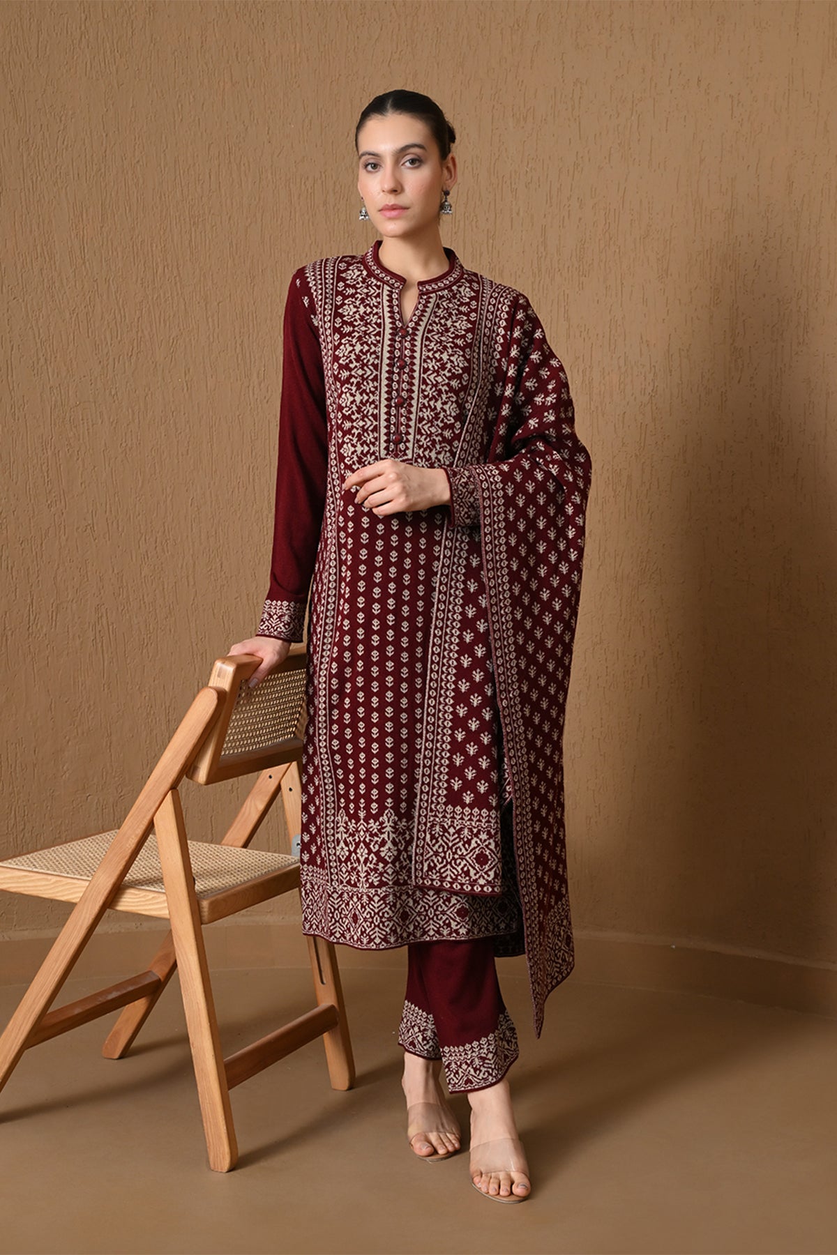 Winter Maroon Jacquard Knitted Kurta 3 Pcs Set