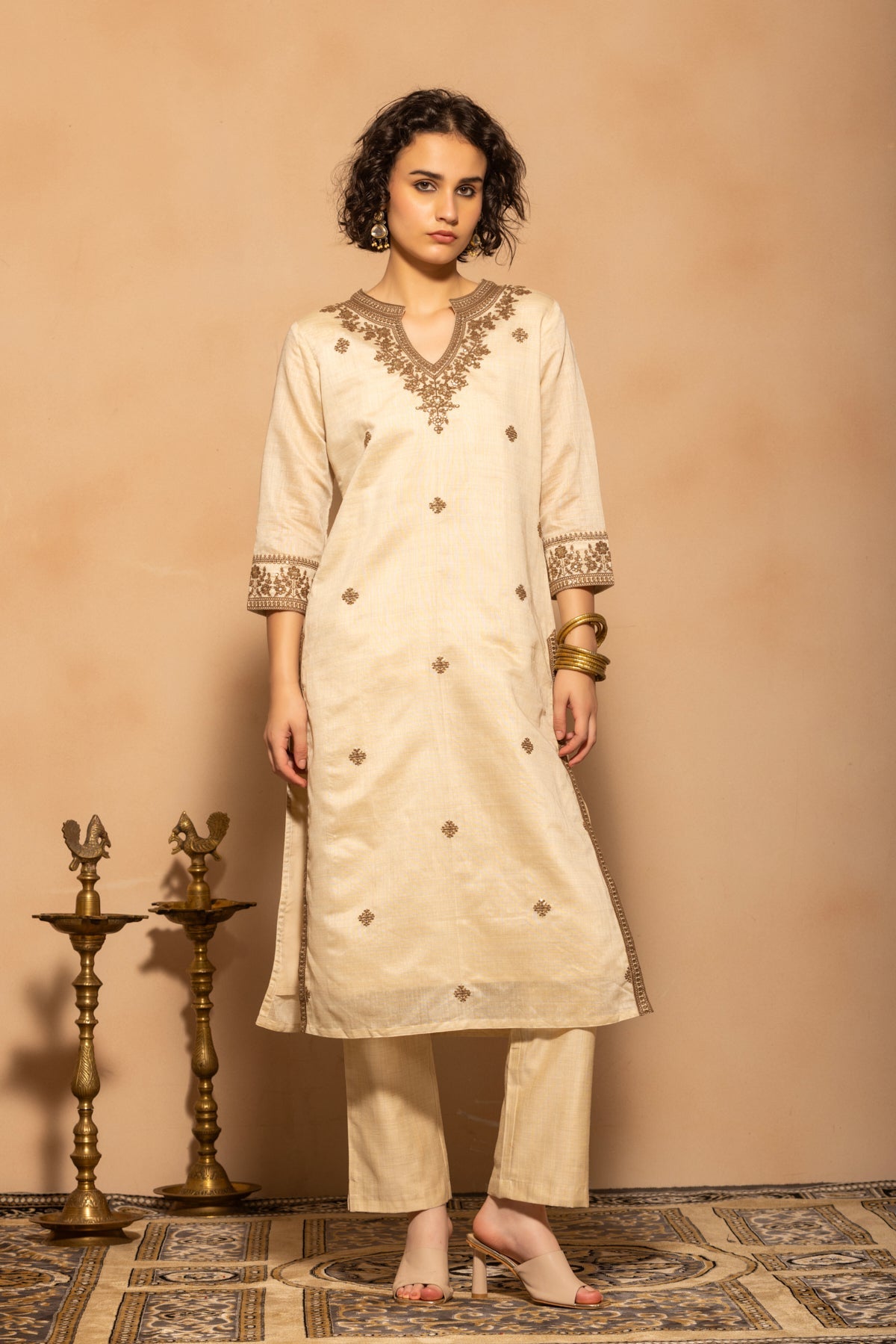 Beige Embroidered Kurta 3 Pcs Set