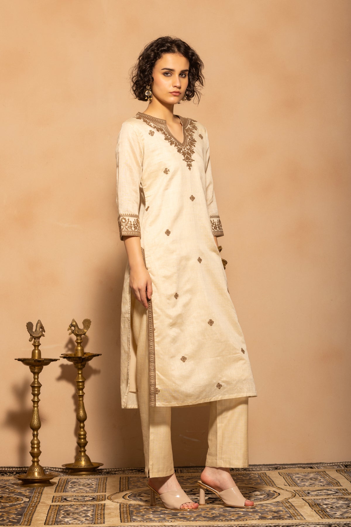 Beige Embroidered Kurta 3 Pcs Set