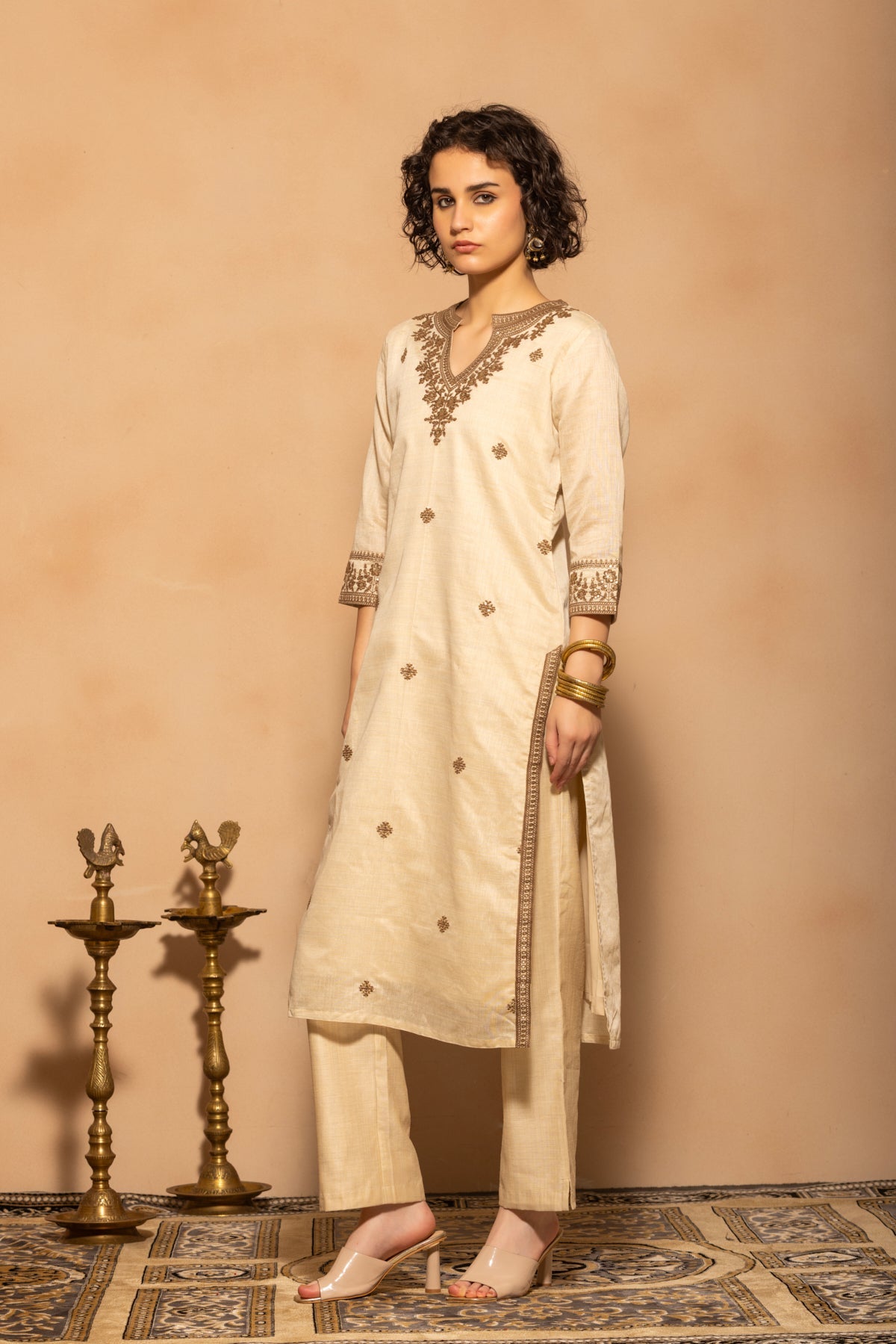 Beige Embroidered Kurta 3 Pcs Set