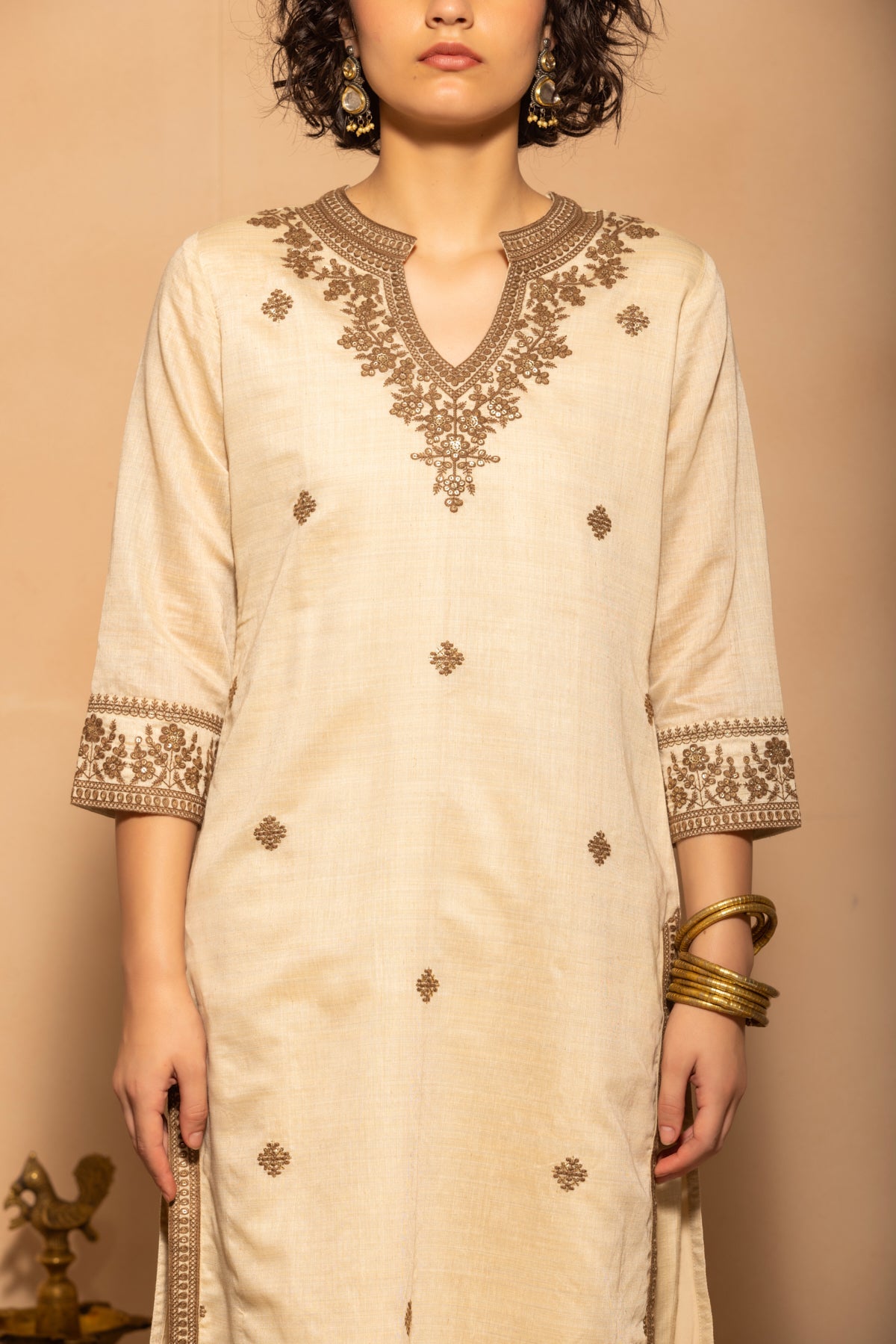 Beige Embroidered Kurta 3 Pcs Set