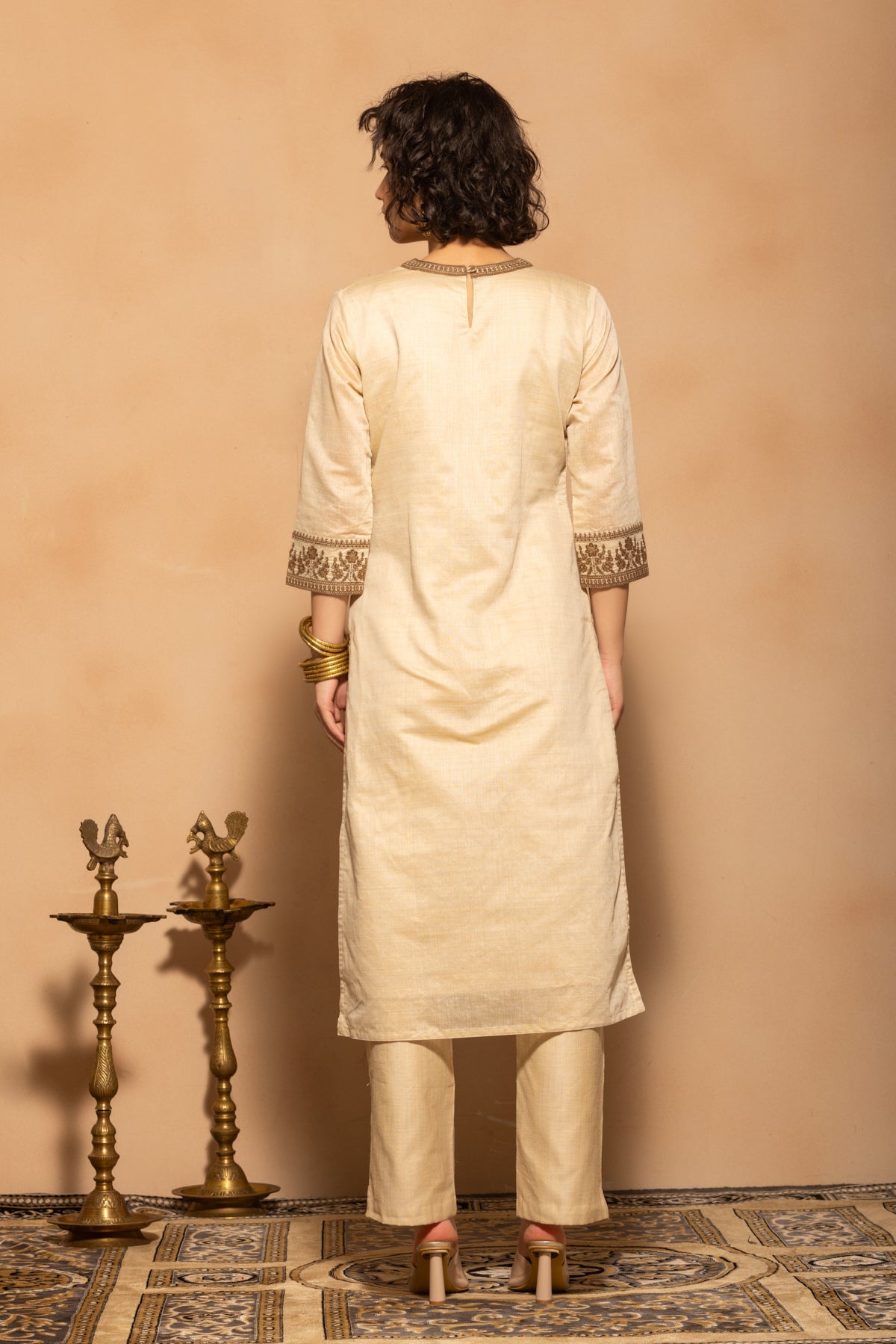Beige Embroidered Kurta 3 Pcs Set