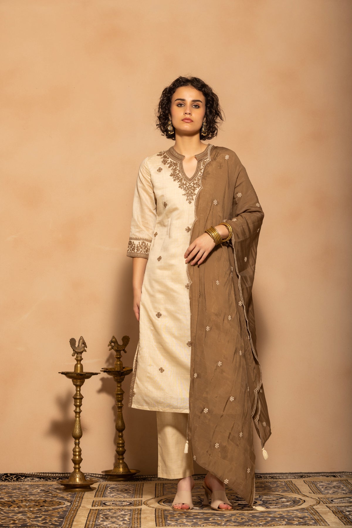 Beige Embroidered Kurta 3 Pcs Set