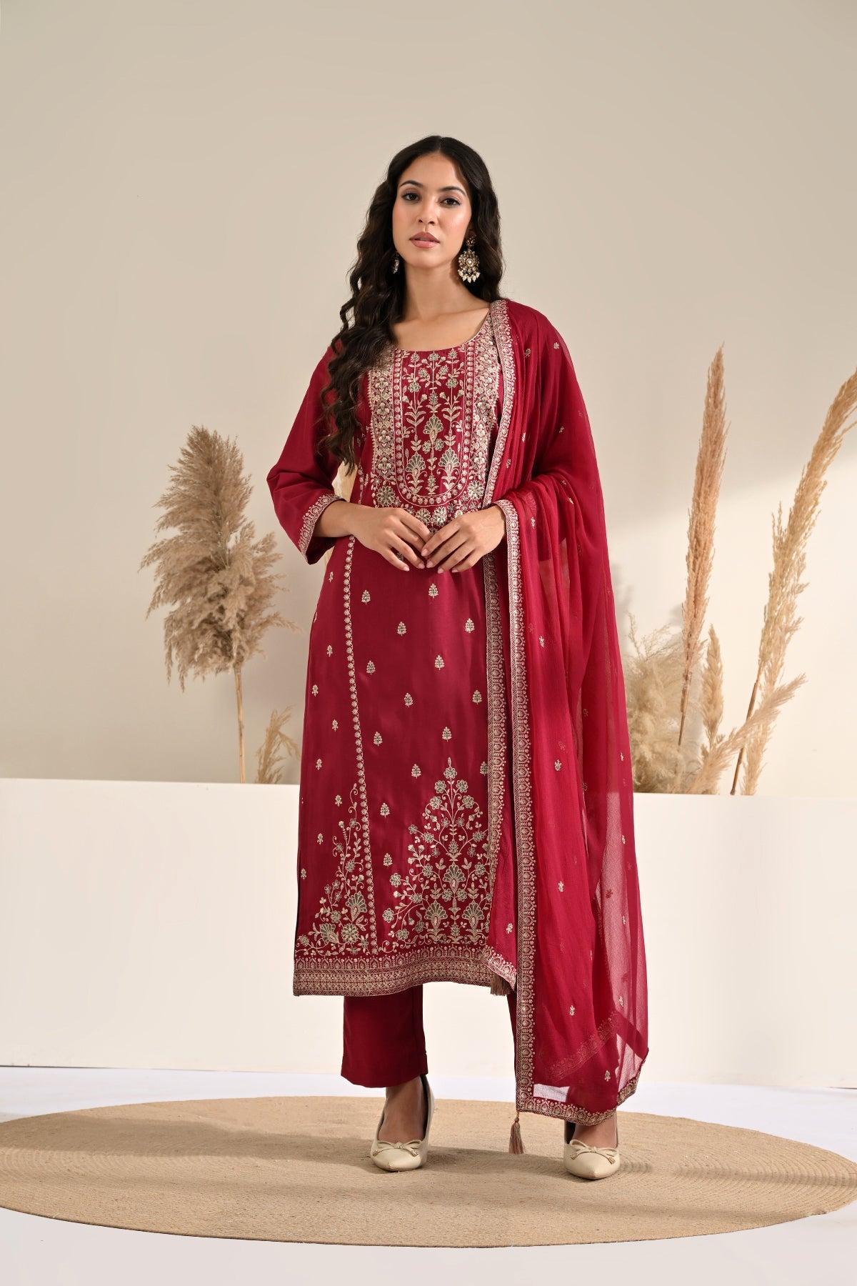 Hot Pink Hand-Embroidered 3 Pcs Kurta Set