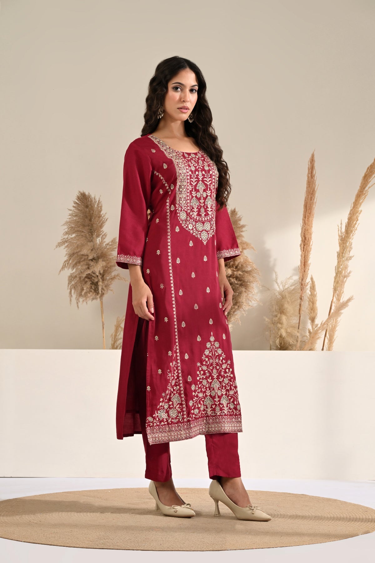 Hot Pink Hand-Embroidered 3 Pcs Kurta Set