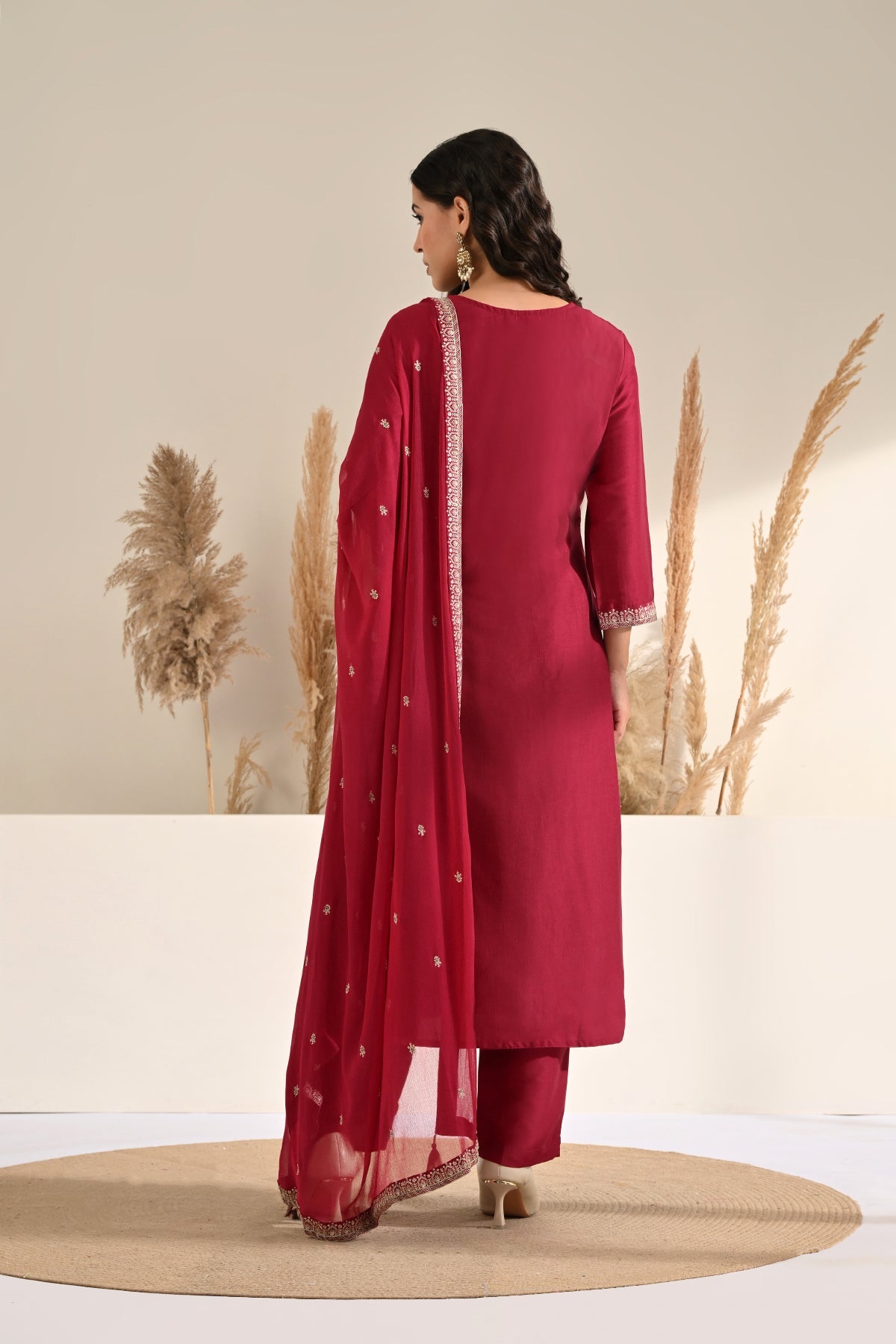 Hot Pink Hand-Embroidered 3 Pcs Kurta Set