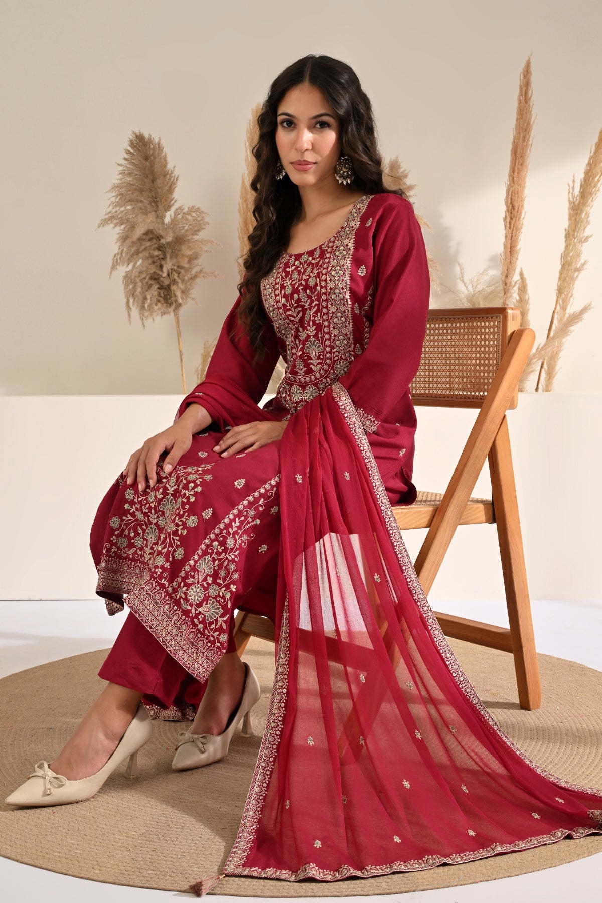 Hot Pink Hand-Embroidered 3 Pcs Kurta Set