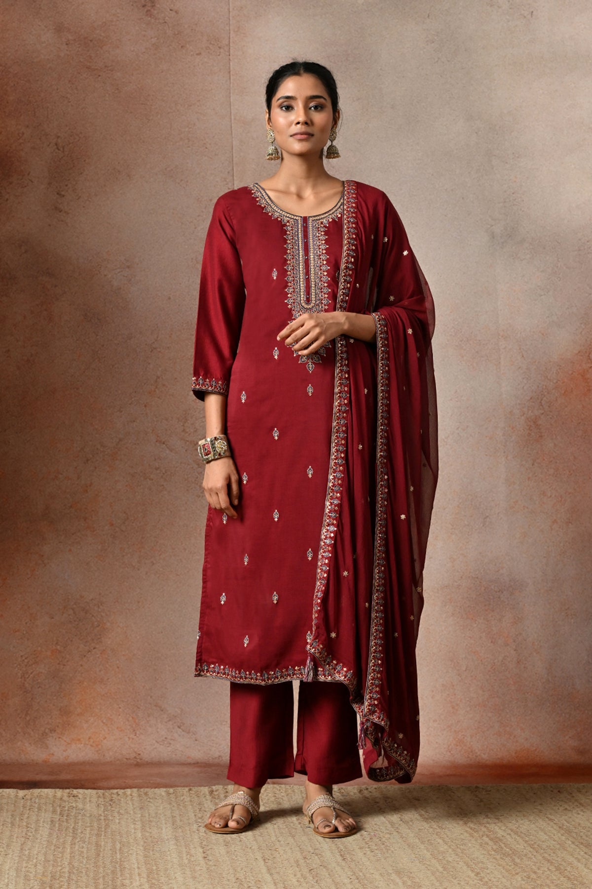 Maroon Zari Embroidered 3 Pcs Kurta Set