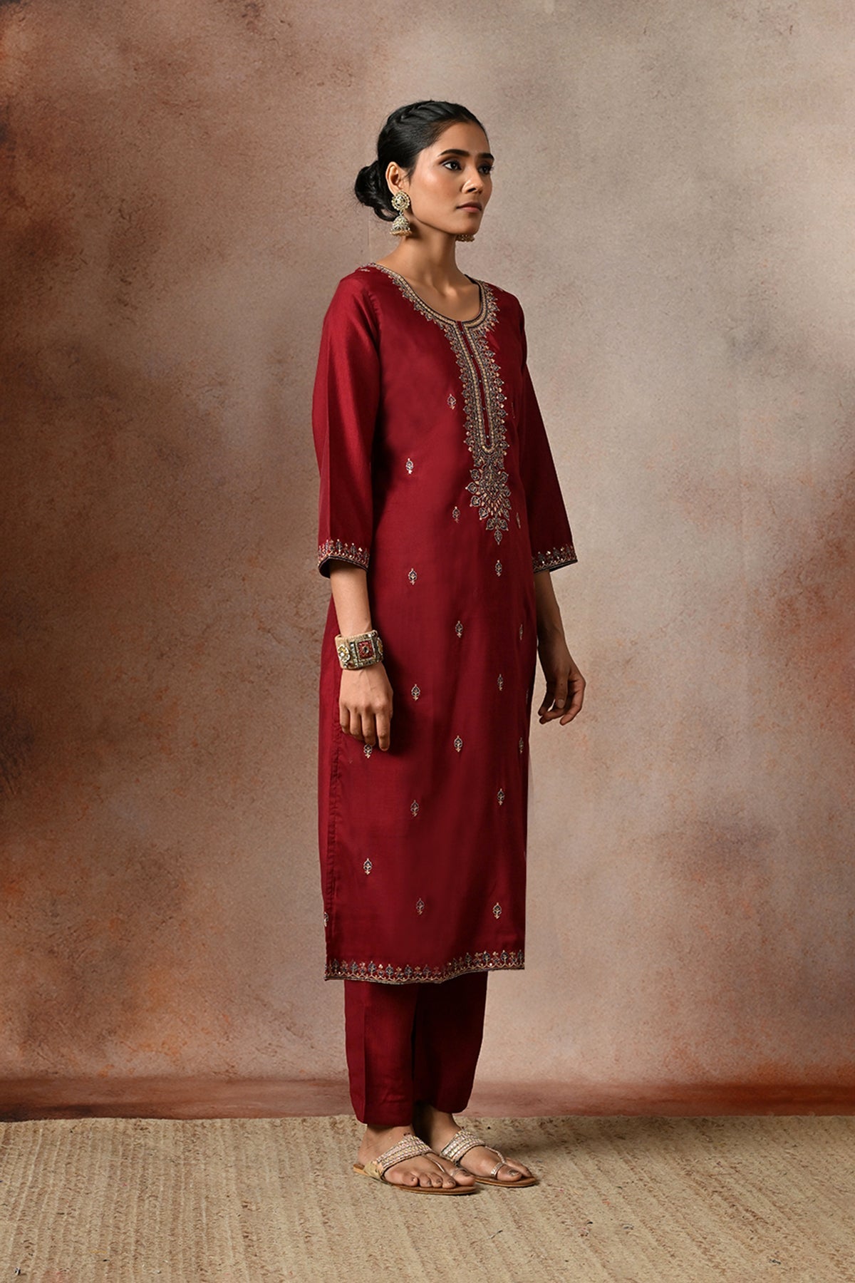 Maroon Zari Embroidered 3 Pcs Kurta Set