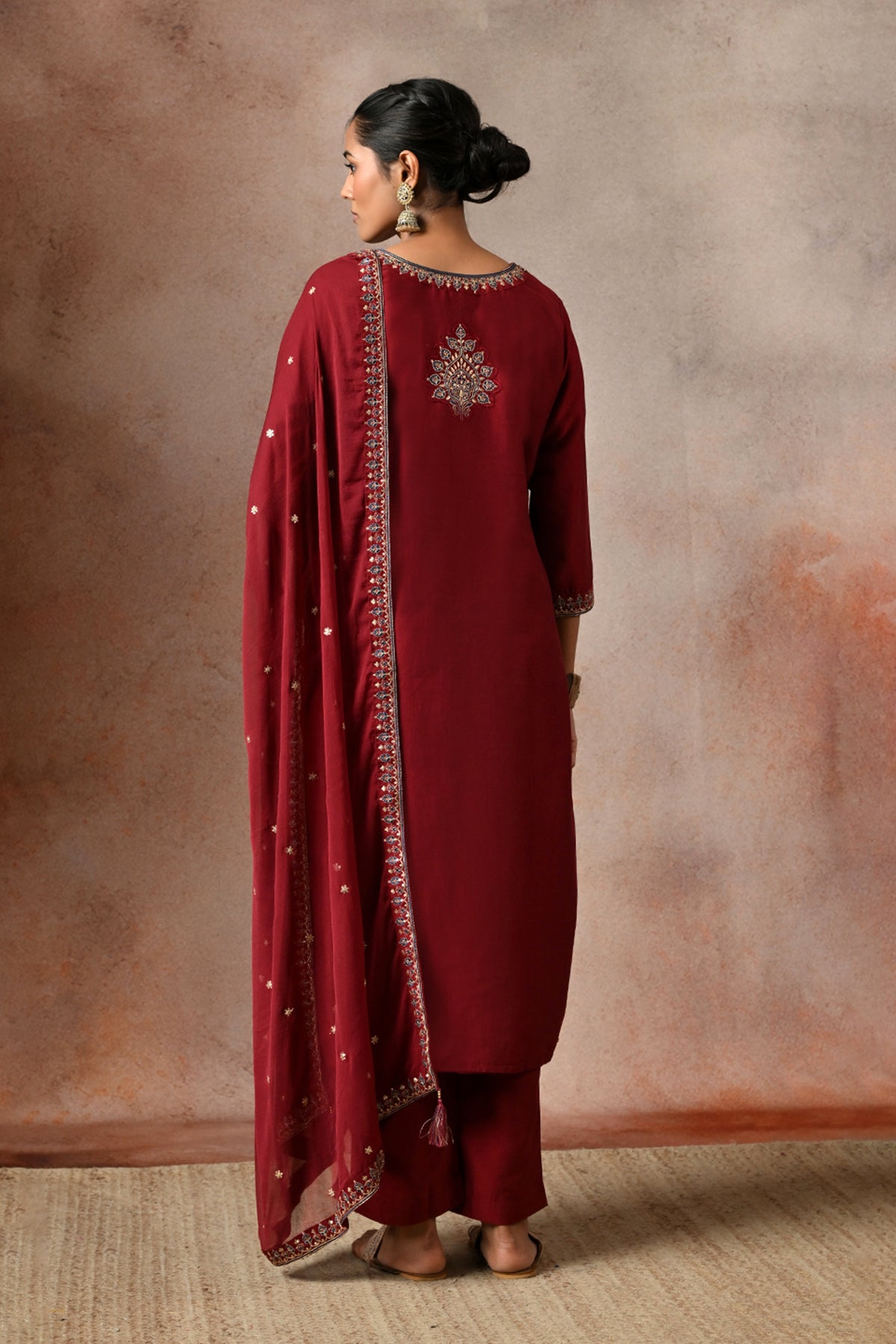 Maroon Zari Embroidered 3 Pcs Kurta Set