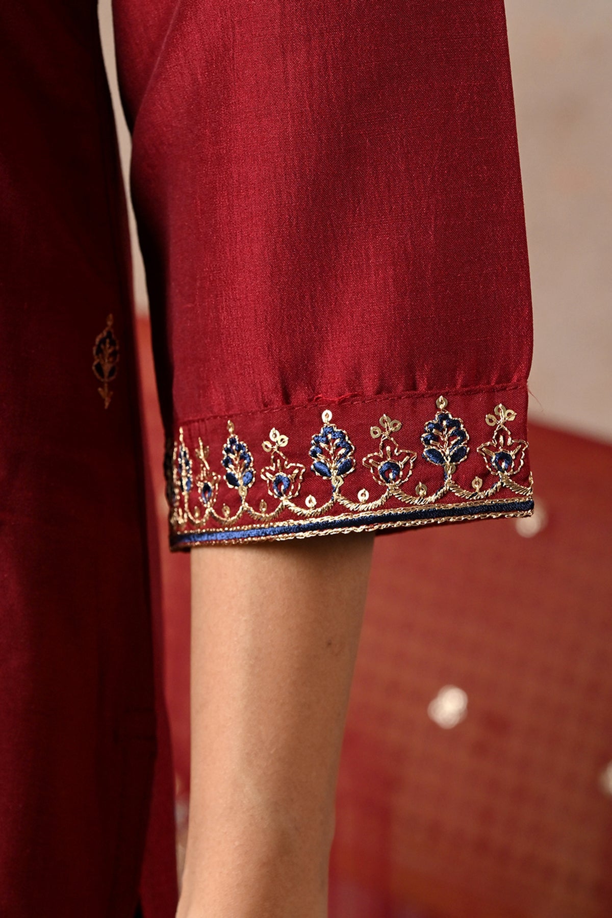 Maroon Zari Embroidered 3 Pcs Kurta Set