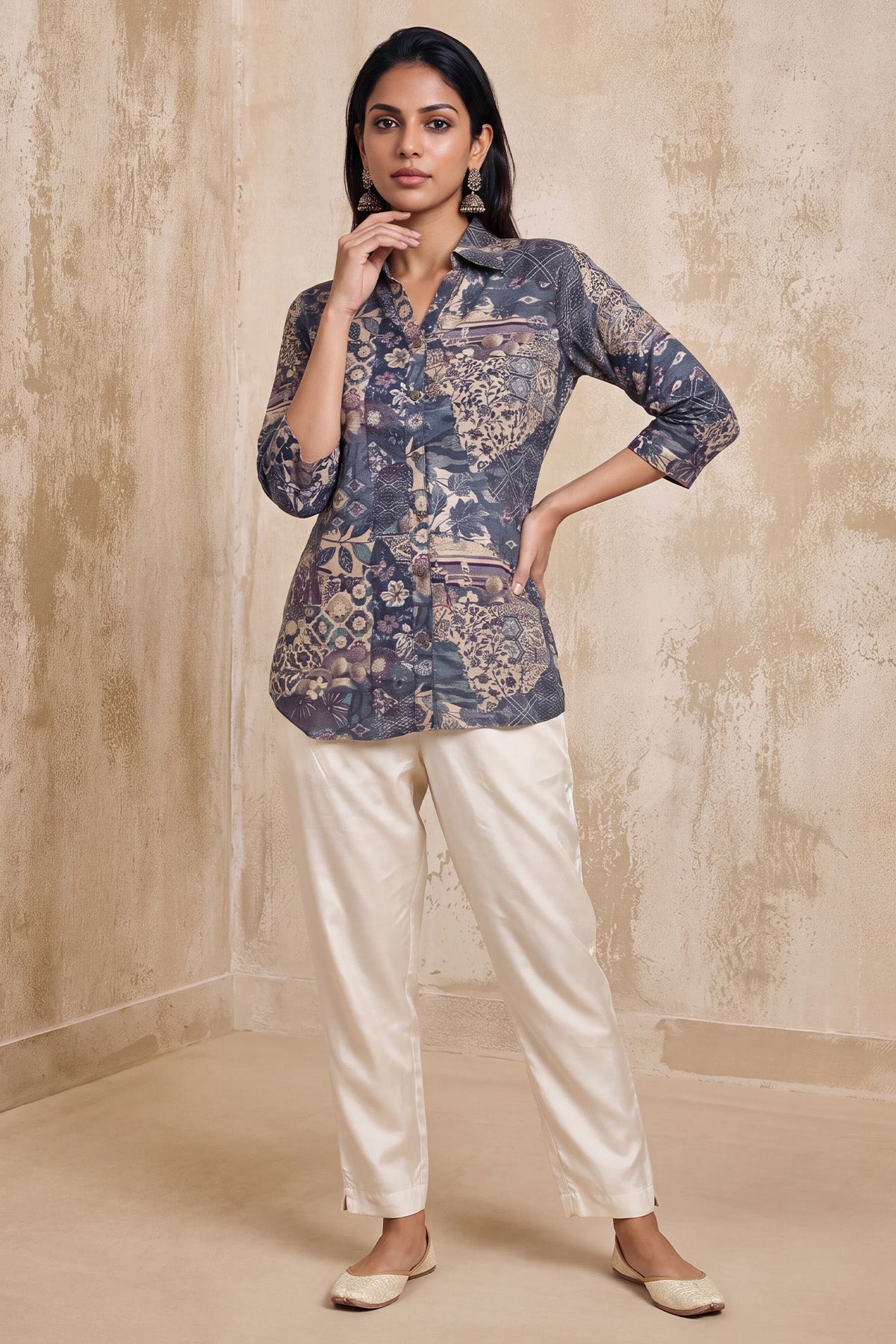 Grey Abstract Floral Printed Top
