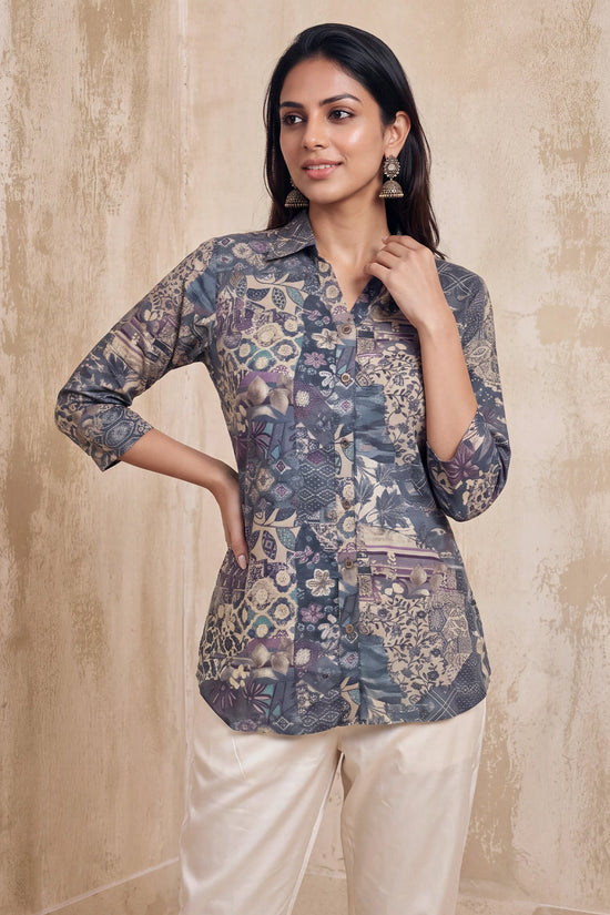 Grey Abstract Floral Printed Top