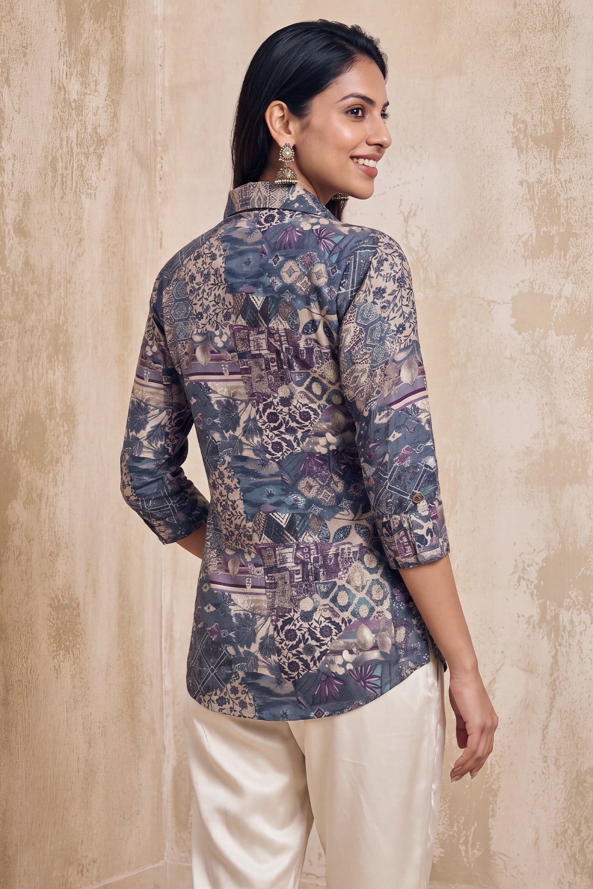 Grey Abstract Floral Printed Top