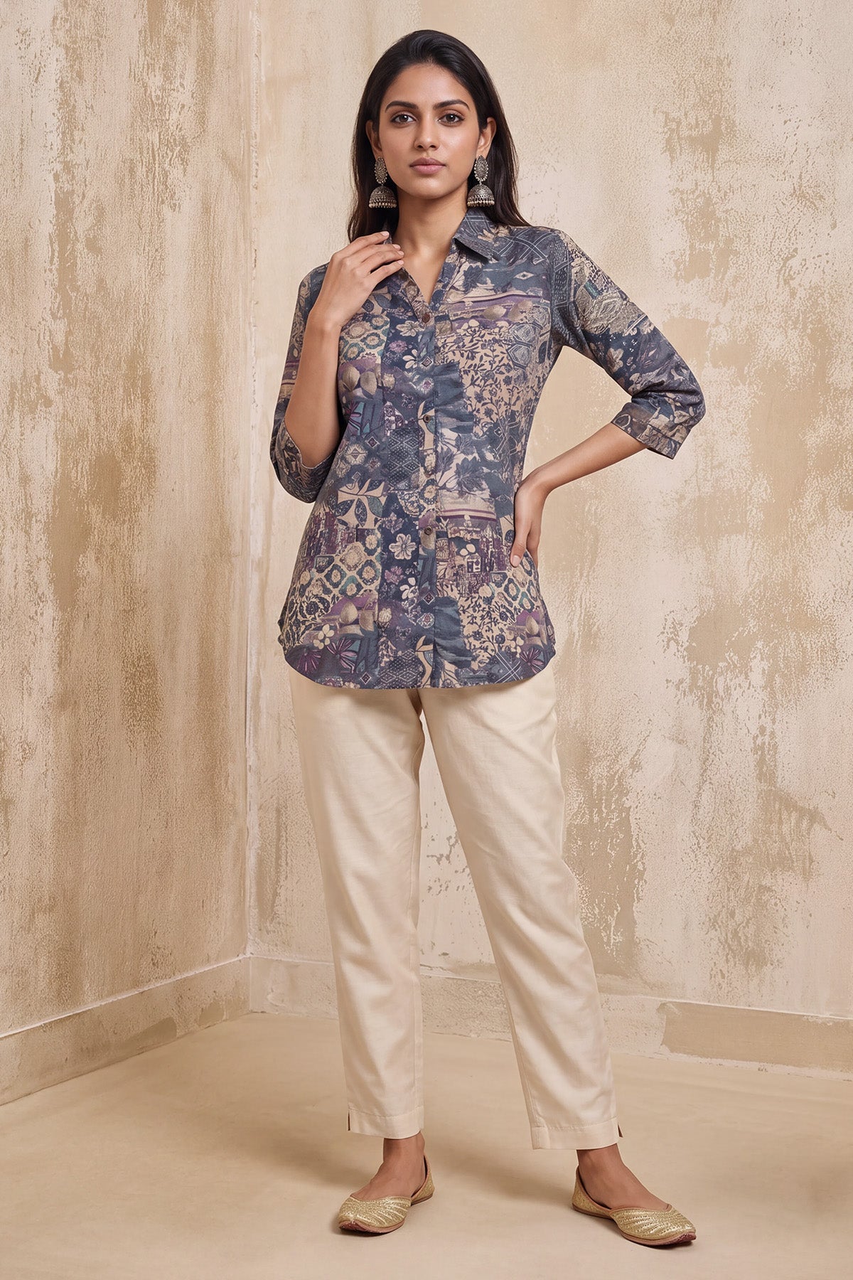Grey Abstract Floral Printed Top