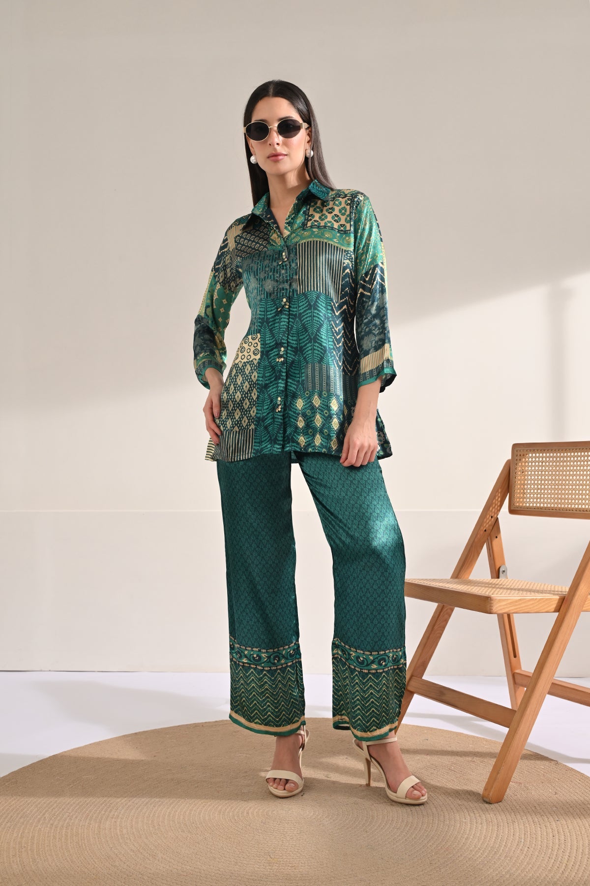 Teal Patchwork Synthetic Satin Co-ord Set