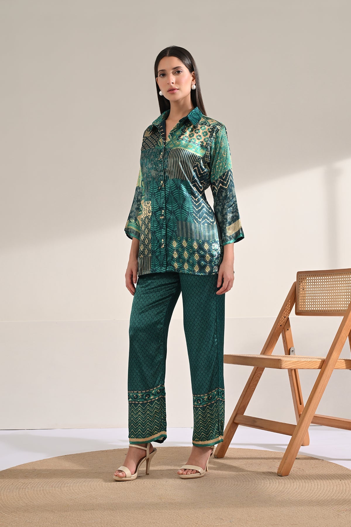 Teal Patchwork Synthetic Satin Co-ord Set