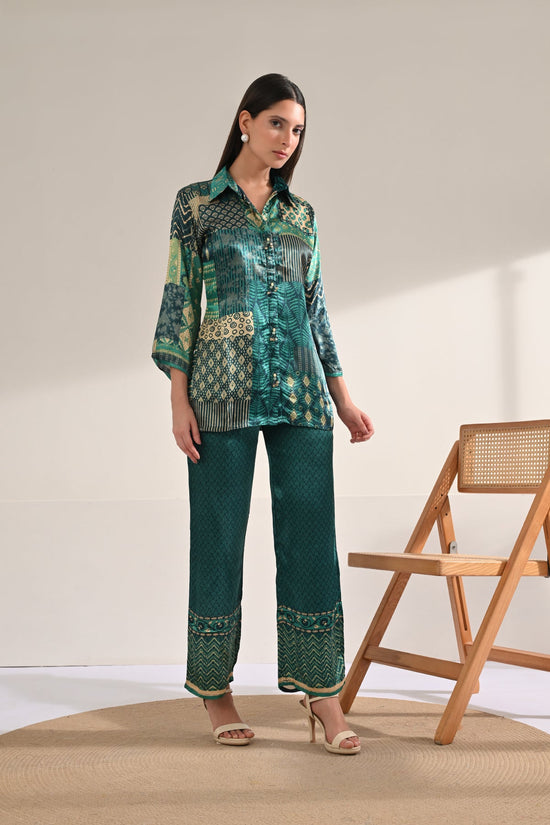 Teal Patchwork Synthetic Satin Co-ord Set