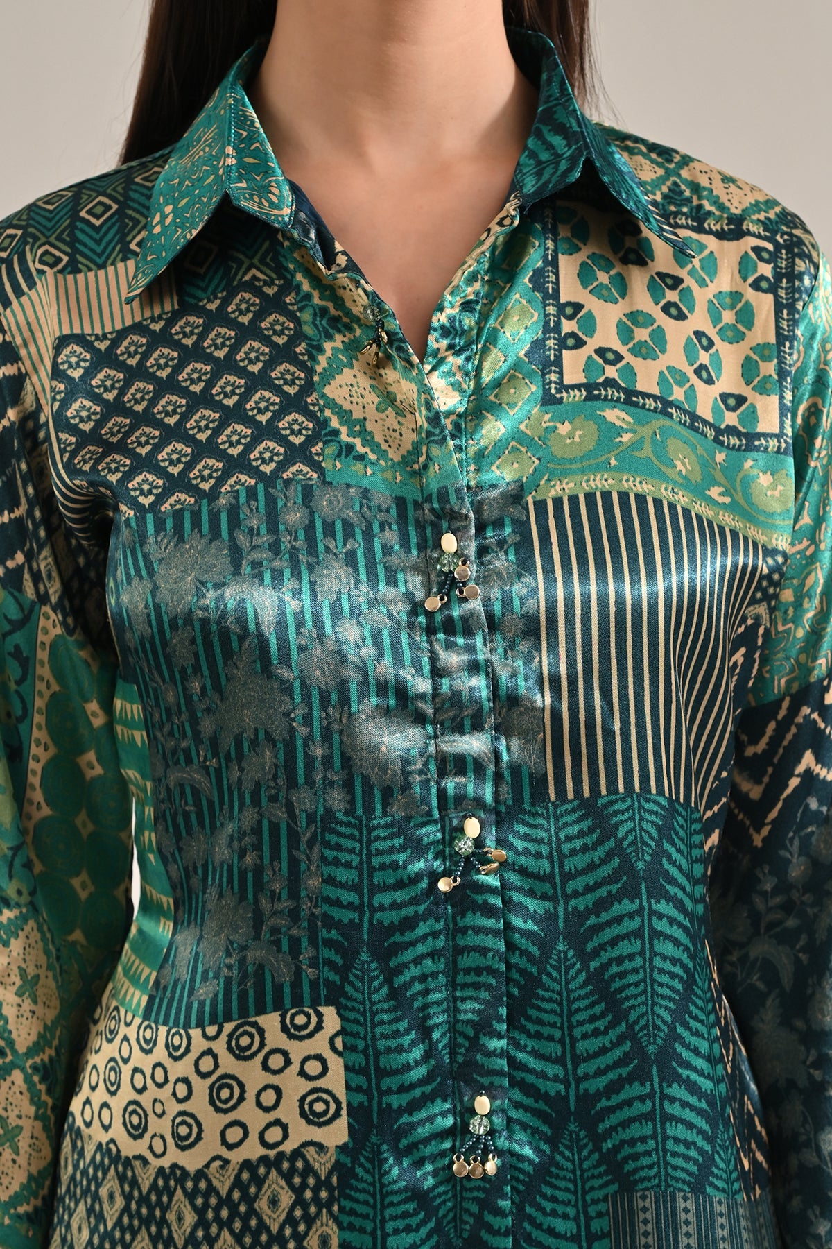 Teal Patchwork Synthetic Satin Co-ord Set