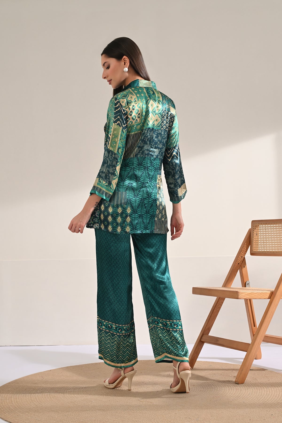 Teal Patchwork Synthetic Satin Co-ord Set