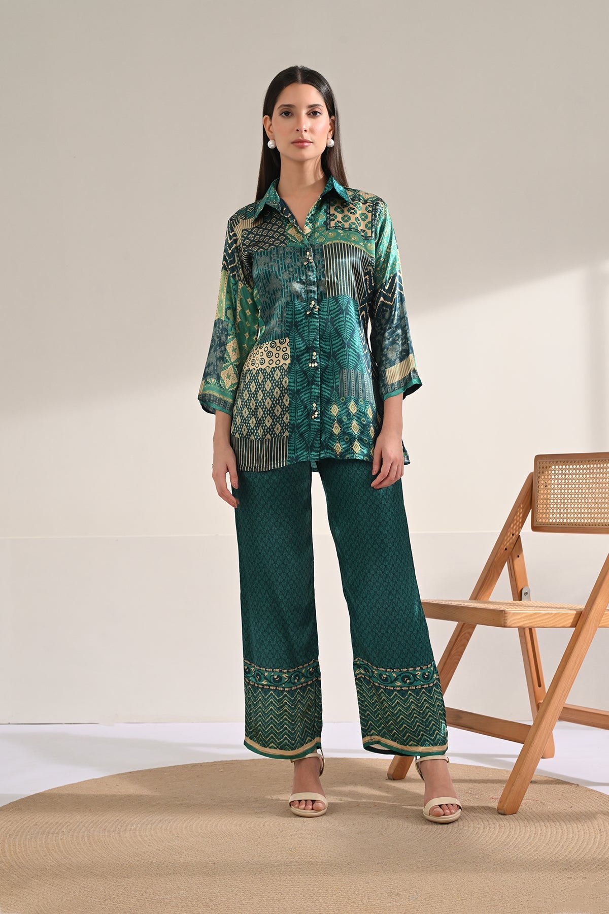 Teal Patchwork Synthetic Satin Co-ord Set