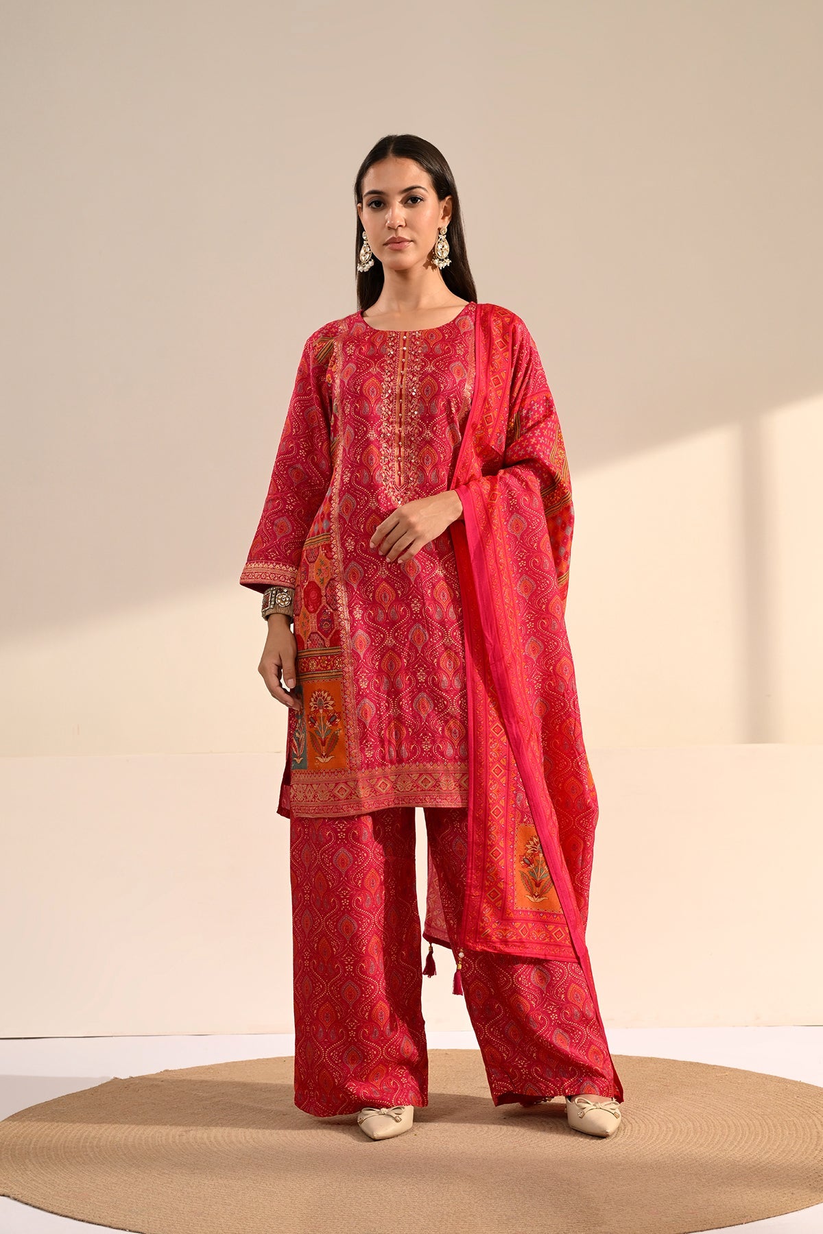 Pink Ajrakh & Bandhani Printed 3 Pcs Kurta Set