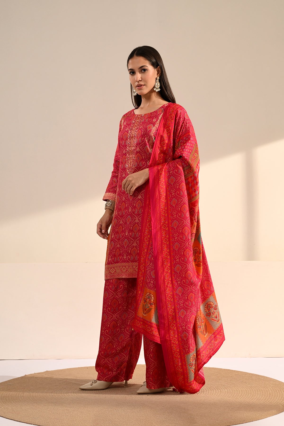 Pink Ajrakh & Bandhani Printed 3 Pcs Kurta Set