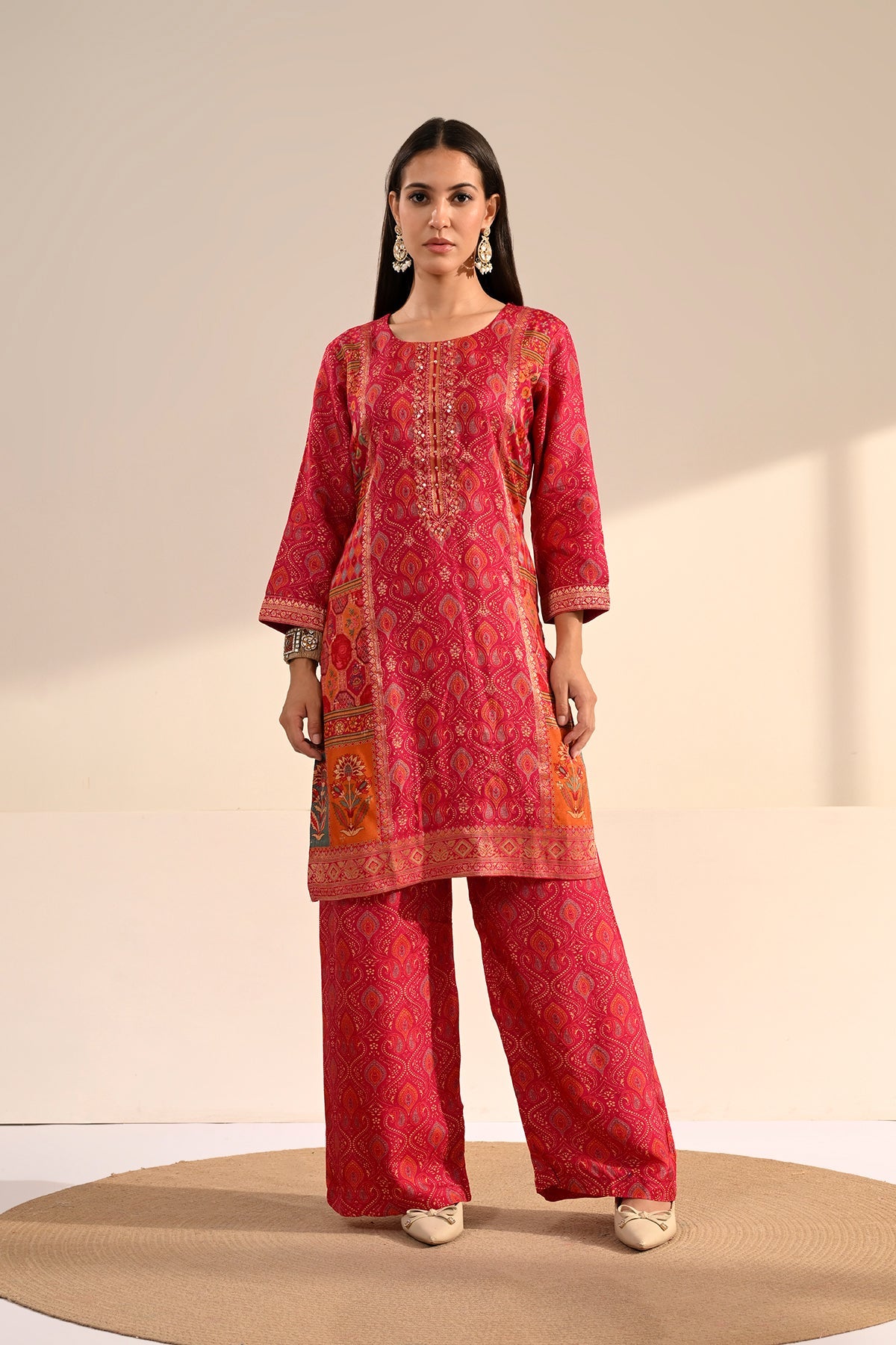 Pink Ajrakh & Bandhani Printed 3 Pcs Kurta Set