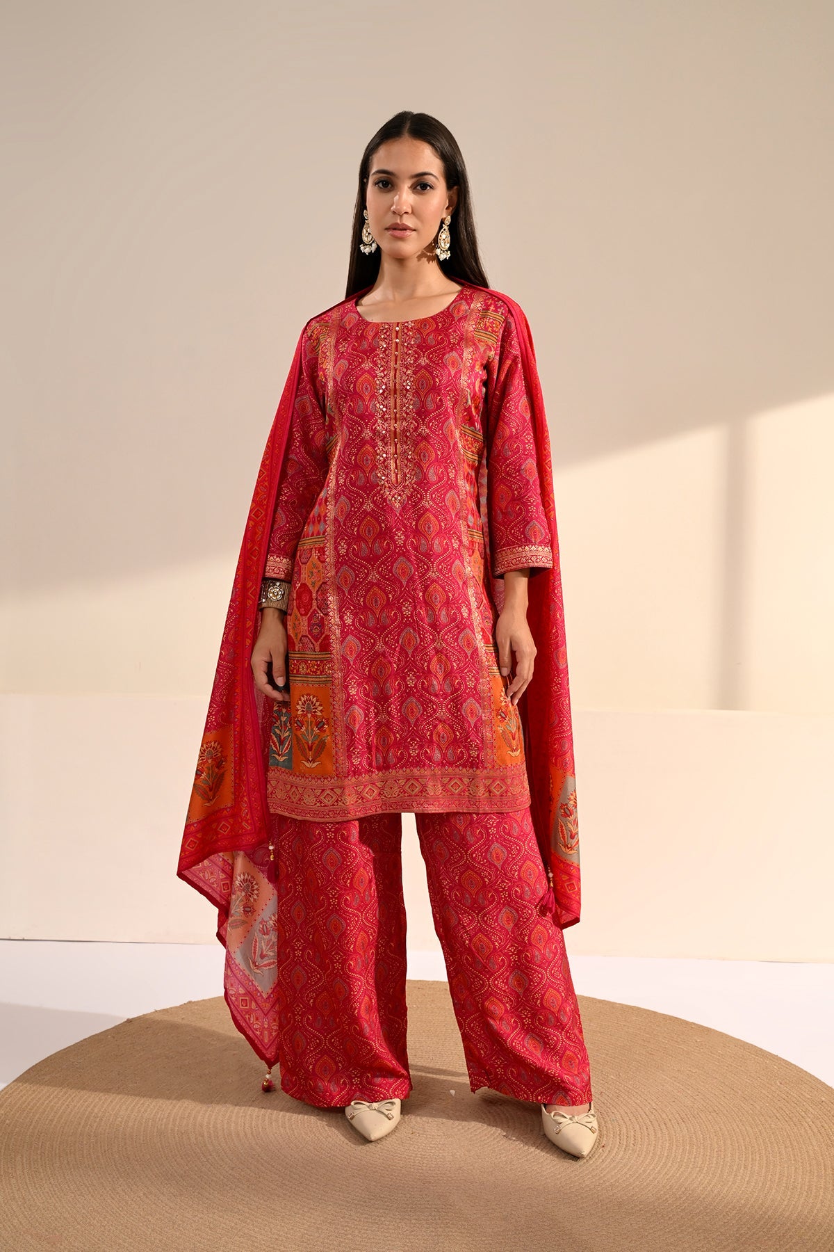 Pink Ajrakh & Bandhani Printed 3 Pcs Kurta Set