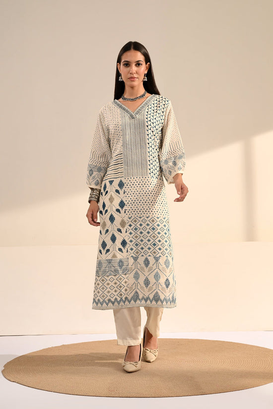 Cream Indigo Geometric Printed 3 Pcs Kurta Set