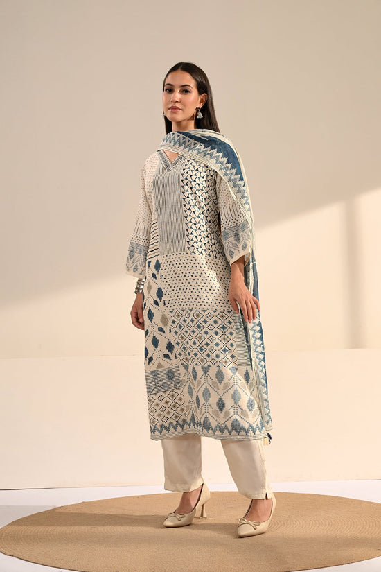 Cream Indigo Geometric Printed 3 Pcs Kurta Set