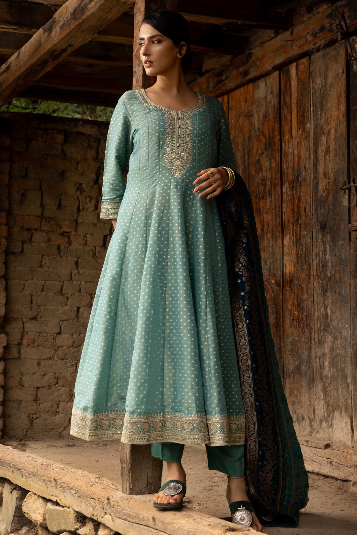 Green Embellished Flared Kurta 3 Pcs Set
