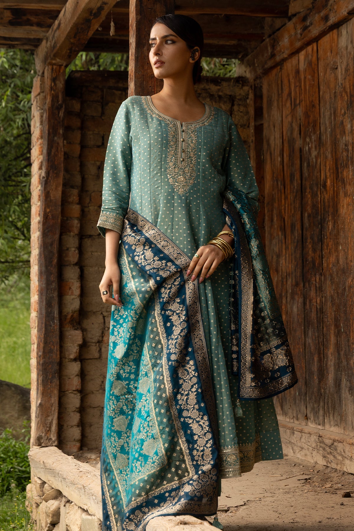 Green Embellished Flared Kurta 3 Pcs Set