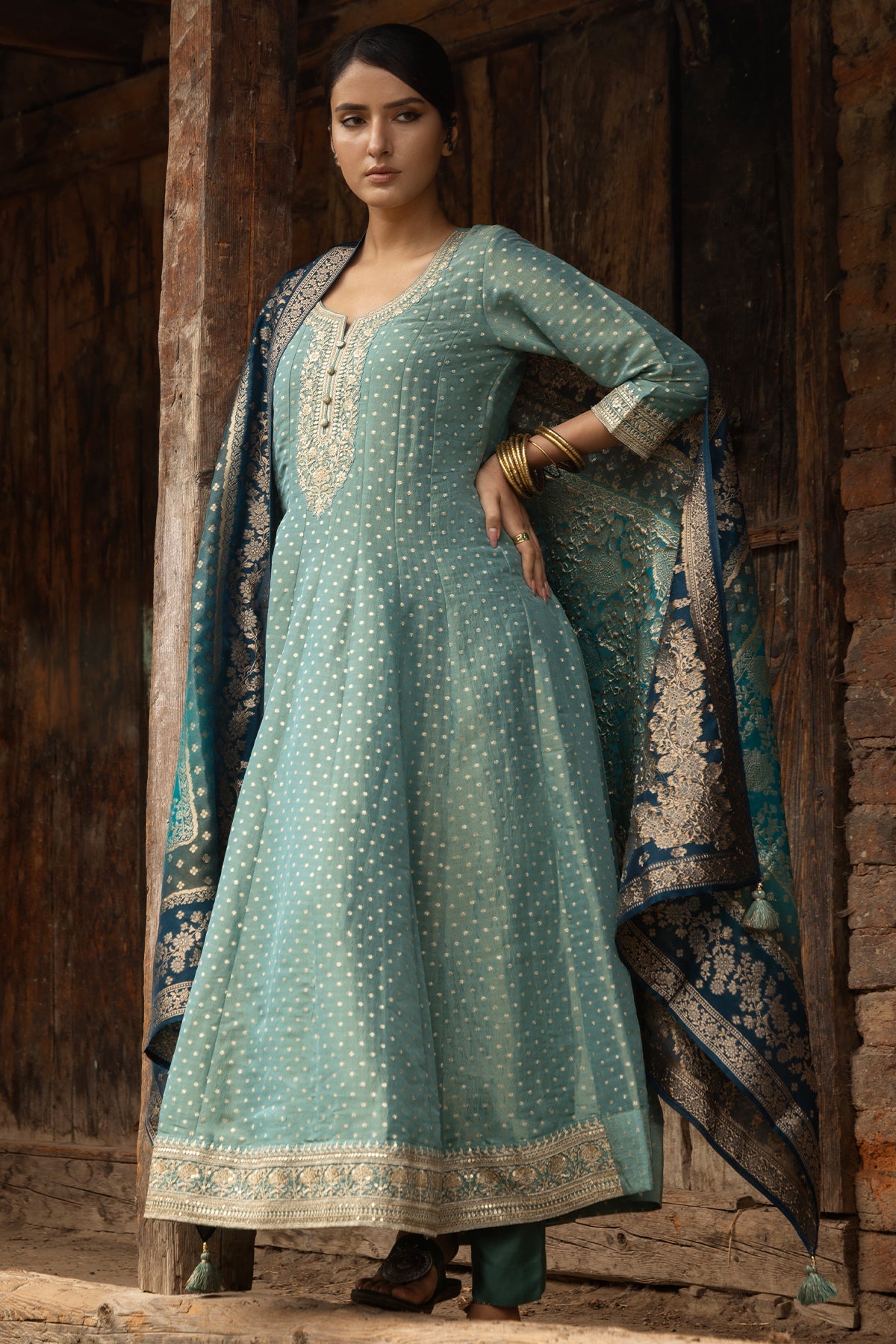 Green Embellished Flared Kurta 3 Pcs Set