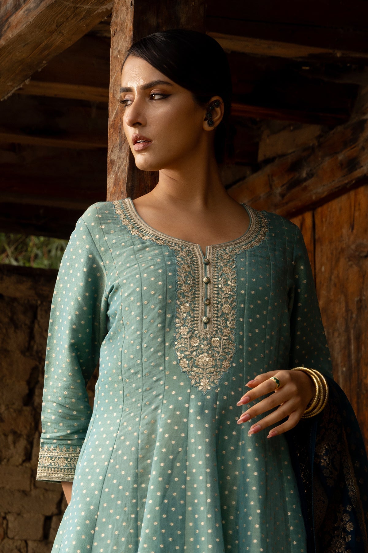 Green Embellished Flared Kurta 3 Pcs Set