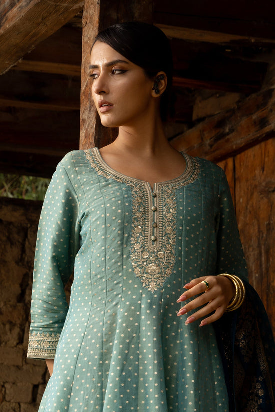 Green Embellished Flared Kurta 3 Pcs Set