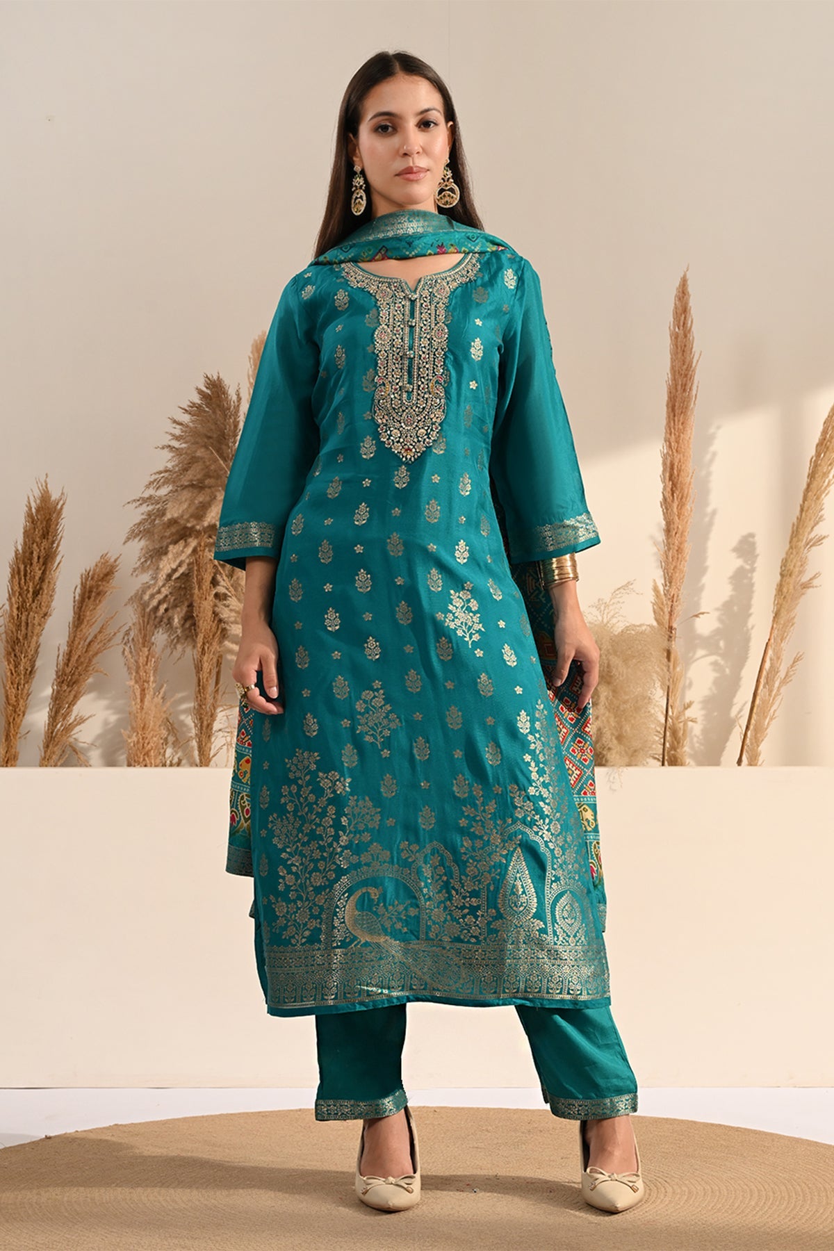 Firozi Sequin Embellished 3 Pcs Kurta Set