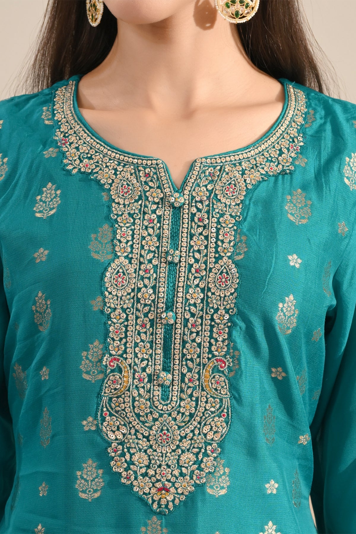 Firozi Sequin Embellished 3 Pcs Kurta Set